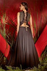 Black & gold embroidered georgette ruffled crop top and skirt set
